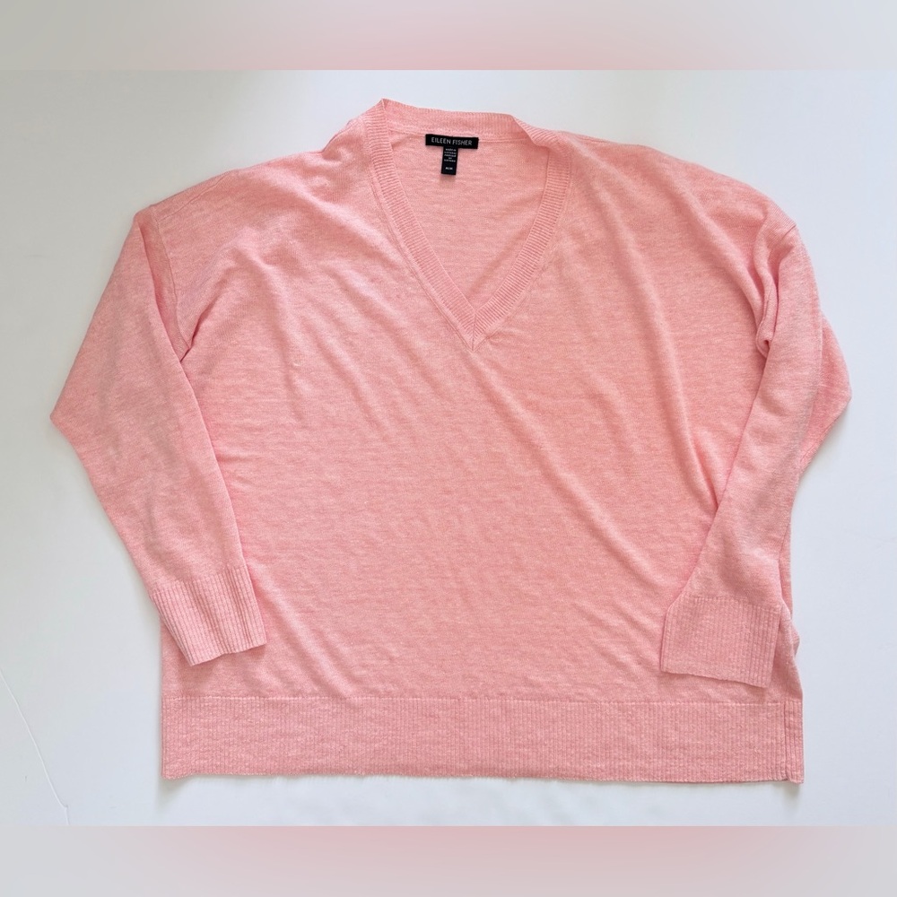 Eileen Fisher Organic Linen Sweater Coral Heathered V-Neck Top Oversized M NWOT